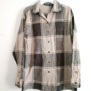Krazy Kat Shirt Plaid Check Brown Beige Embossed Floral Print Small Chest 38"